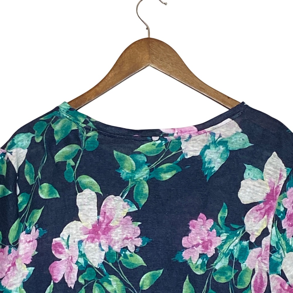 J Jill Love Linen Womens Floral Tie Front Linen Top XL Blue Pink Tropical Resort - Picture 7 of 12